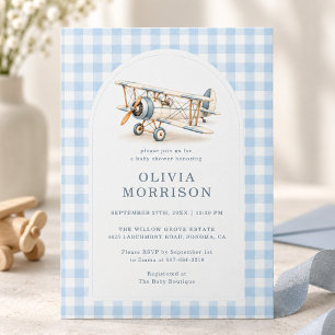 Aviator Vliegtuig Gingham Jongens Baby Shower Kaart