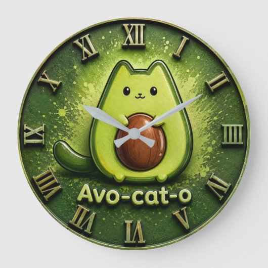 Avo-Cat-O Funny Avocado Cat Cute Kawaii Kitchen Grote Klok (Voorkant)