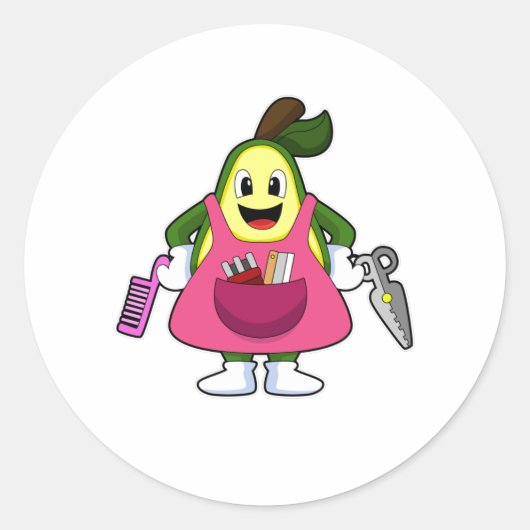 Avocado als hairdresser met schaar en kam ronde sticker (Voorkant)