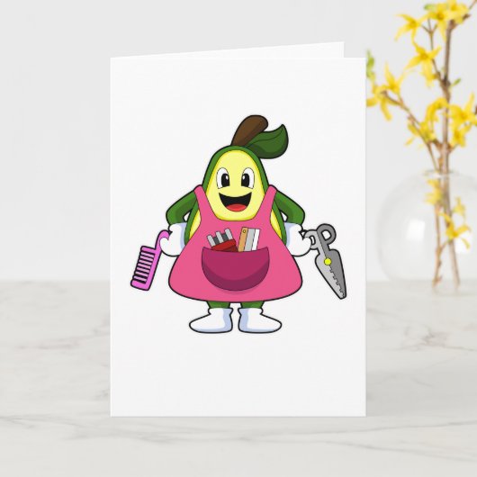 Avocado als kapper met schaar en kam kaart (Gele Bloem)