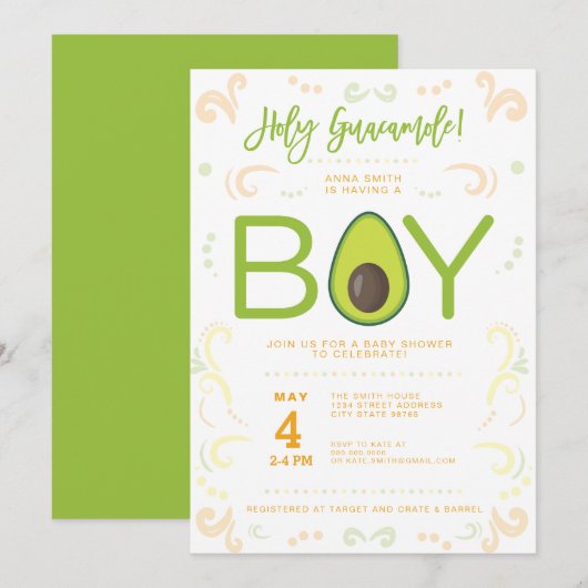 Avocado Baby shower Boy Guacamole Taco Party Kaart (Voorkant / Achterkant)