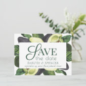 Avocado Blossom | Donkergroene bijtende fruitbruil Save The Date (Staand voorkant)