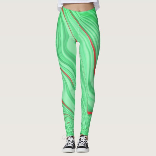 Avocado crème met rode of koraalgebogen streep leggings (Voorkant)