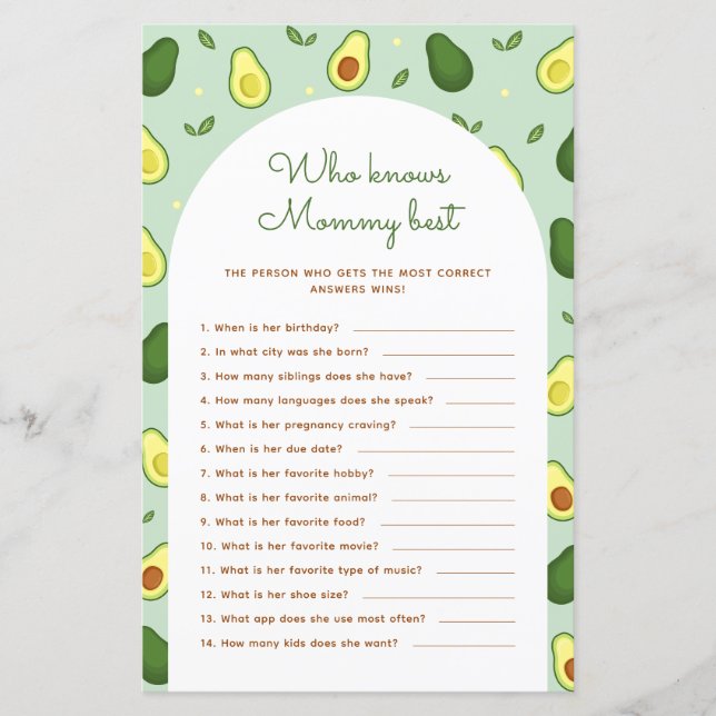 avocado die kent mammie beste Baby shower spel (Voorkant)