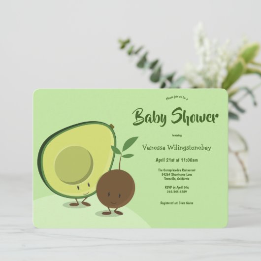 Avocado en Pit Cartoon Food Theme Baby shower Kaart (Staand voorkant)