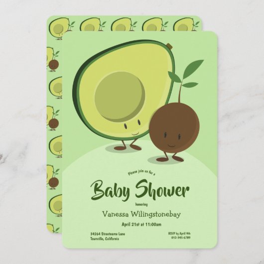 Avocado en Pit Cartoon Karakter Baby shower Kaart (Voorkant / Achterkant)