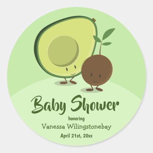Avocado en Pit Cartoon Karakter Baby shower Ronde Sticker (Voorkant)
