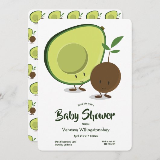 Avocado en Pit Cartoon White Green Baby shower Kaart (Voorkant / Achterkant)