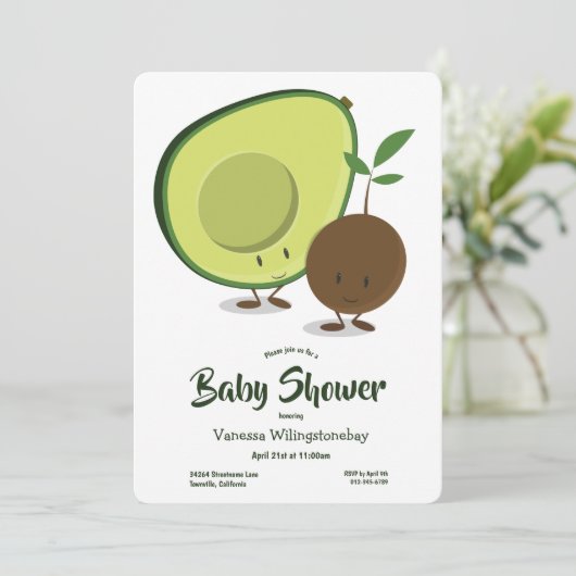 Avocado en Pit Cartoon White Green Baby shower Kaart (Staand voorkant)
