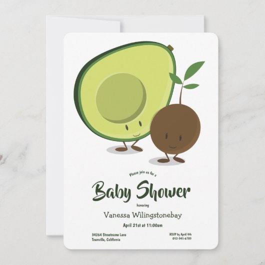 Avocado en Pit Cartoon White Green Baby shower Kaart (Voorkant)