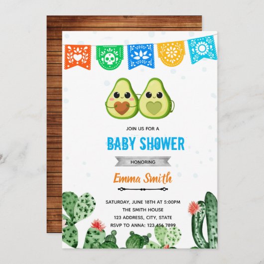 Avocado feest blauwe thema voor baby shower kaart (Voorkant / Achterkant)