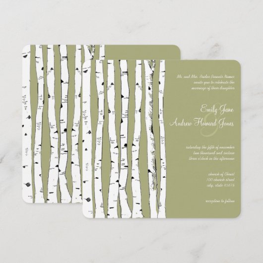 Avocado Green Birch Tree Wedding Invitations Kaart (Voorkant / Achterkant)