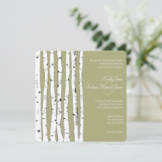Avocado Green Birch Tree Wedding Invitations Kaart (Staand voorkant)