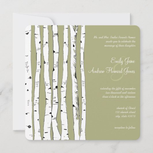 Avocado Green Birch Tree Wedding Invitations Kaart (Voorkant)