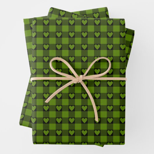 Avocado Green Black Buffalo Heart Plaid Inpakpapier Vel (In situ)