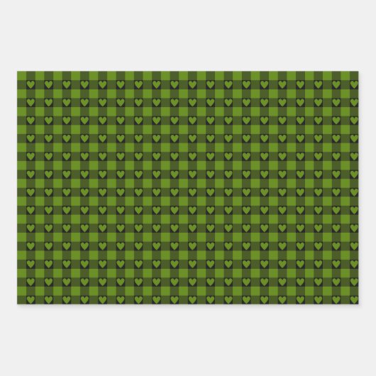 Avocado Green Black Buffalo Heart Plaid Inpakpapier Vel (Voorkant)
