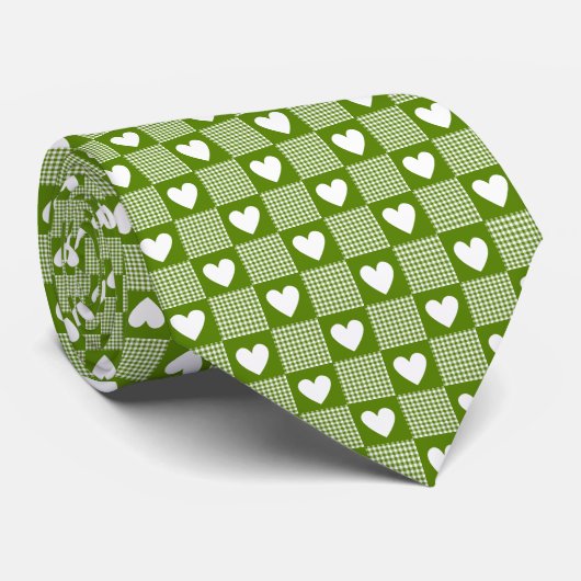 Avocado Green Gingham Hart Patch Plaid Necktie Stropdas (Opgerold)