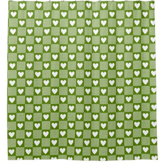 Avocado Green Gingham Heart Patch Plaid Douchegordijn (Voorkant)
