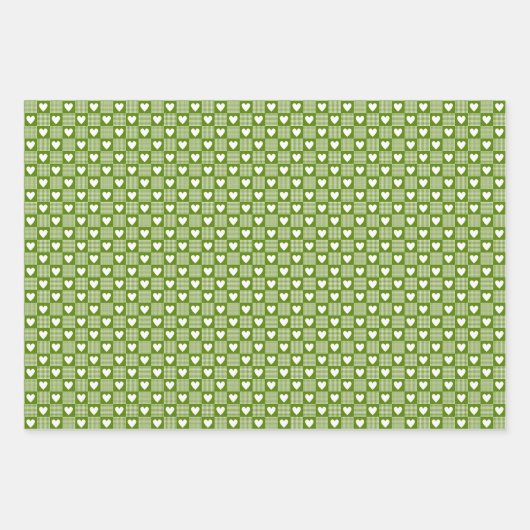Avocado Green Gingham Heart Patch Plaid Inpakpapier Vel (Voorkant 2)