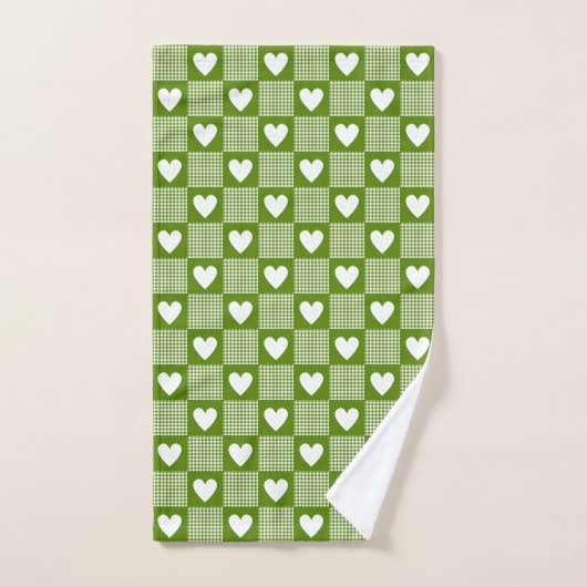Avocado Green Gingham Heart Patch Plaid Towel Handdoek (Handdoek)