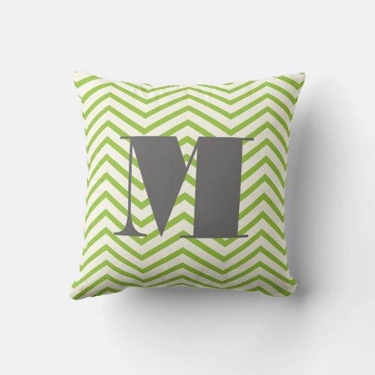 Avocado Green Ivory and Grey Monogram Zig Zag Kussen (Achterkant)