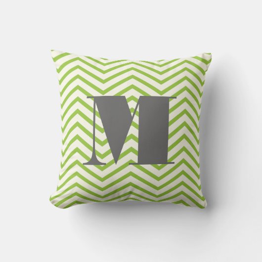 Avocado Green Ivory and Grey Monogram Zig Zag Kussen (Voorkant)