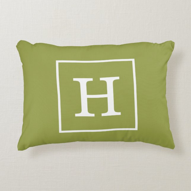 Avocado Groen Wit Omlijnd Initieel Monogram Accent Kussen (Voorkant)