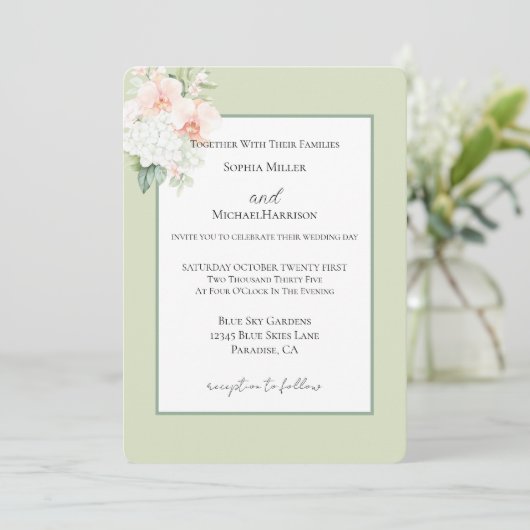 Avocado Groene Perzik Blush Orchidee Bloemen Bruil Kaart (Staand voorkant)