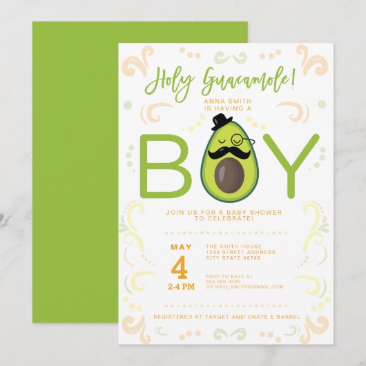 Avocado Heilige Guacamole Boy Baby shower Taco Kaart (Voorkant / Achterkant)
