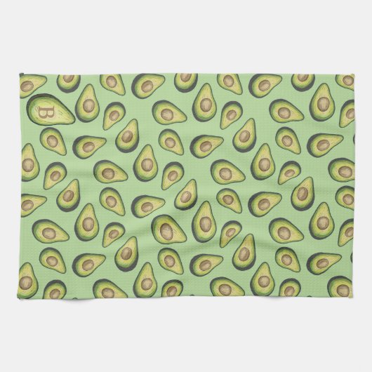 Avocado Illustrated Pattern Green Monogram Theedoek (Horizontaal)