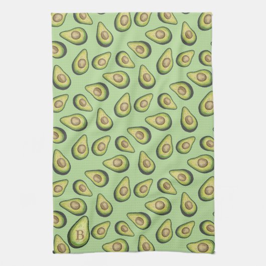 Avocado Illustrated Pattern Green Monogram Theedoek (Verticaal)