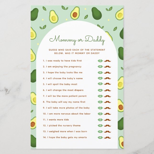 Avocado mama of papa Baby shower spel (Voorkant)