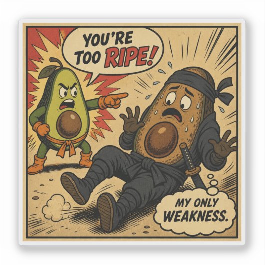 Avocado Ninja "Te Ripe" — Grappige Retro Strip Sticker (Voorkant)