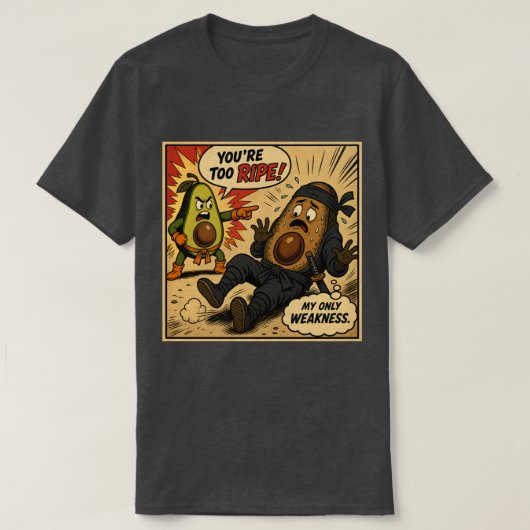 Avocado Ninja "Te Ripe" — Grappige Retro Strip T-shirt (Design voorkant)