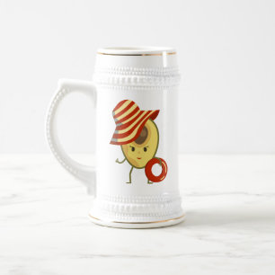 Avocado strandmeisje met zon-pet en zwemring bierpul