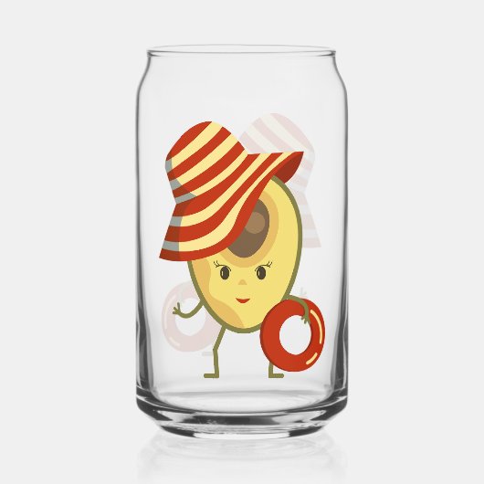 Avocado strandmeisje met zon-pet en zwemring blikvorm glas (Voorkant)
