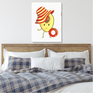 Avocado strandmeisje met zon-pet en zwemring canvas afdruk