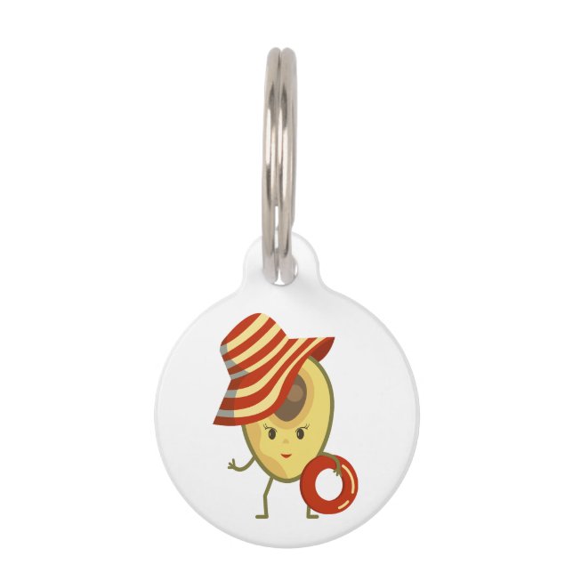 Avocado strandmeisje met zon-pet en zwemring huisdierpenning (Voorkant)