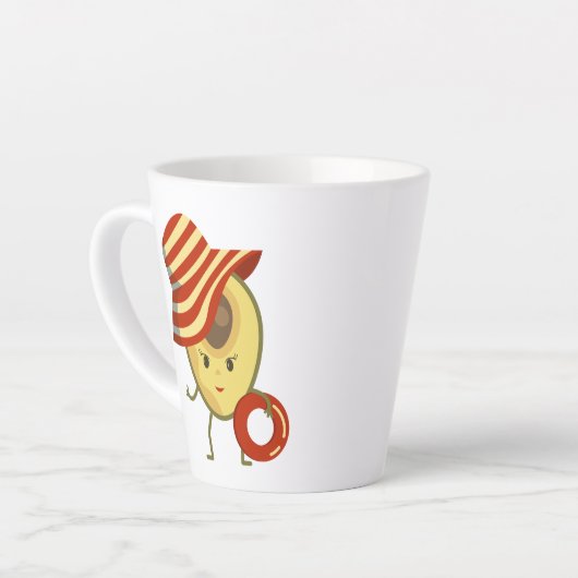 Avocado strandmeisje met zon-pet en zwemring latte mok (Linkerhoek)
