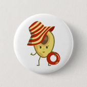 Avocado strandmeisje met zon-pet en zwemring ronde button 5,7 cm (Voorkant)