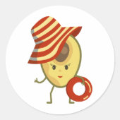 Avocado strandmeisje met zon-pet en zwemring ronde sticker (Voorkant)