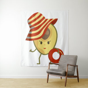 Avocado strandmeisje met zon-pet en zwemring wandkleed