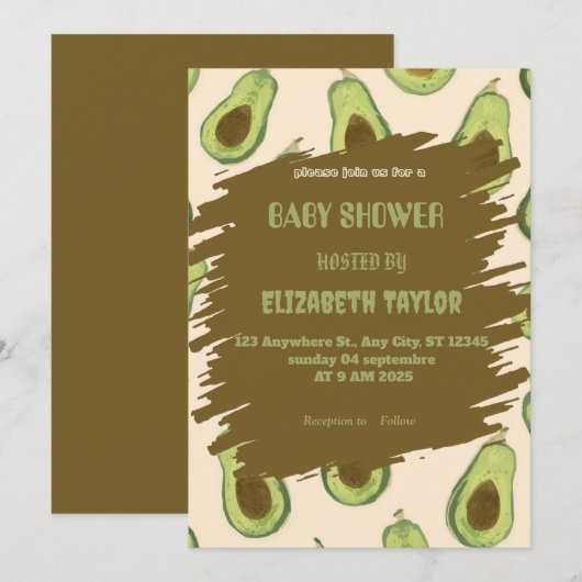 Avocado Thema Baby Shower Uitnodiging  (Voorkant / Achterkant)