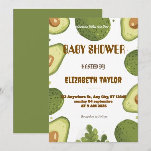 Avocado Thema Baby Shower Uitnodiging  (Voorkant / Achterkant)
