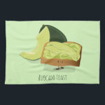 Avocado Toast cartoon | Keukenhanddoek<br><div class="desc">Kitchen Towel met een glimlachend stuk avocado-toast met avocado's erachter. De tekst kan worden aangepast.</div>