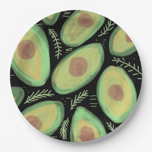 Avocado Tomaat Salade Groene Patroon Papieren Bordje (Voorkant)