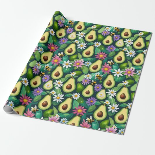 Avocado's, bijen en bloemen cadeaupapier (Uitgerold)