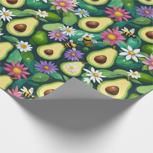 Avocado's, bijen en bloemen cadeaupapier (Hoek)