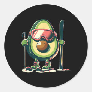 Avocadoskiër Met Skibril Skistokken Sneeuwschoenen Ronde Sticker