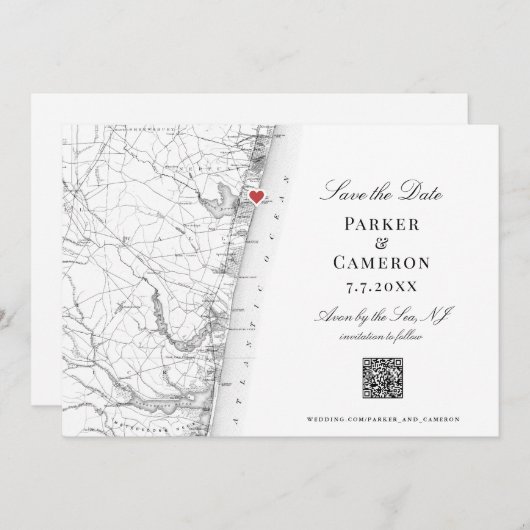 Avon-by-the-Zee NJ Kaart Elegant Zwart Wit QR (Voorkant / Achterkant)